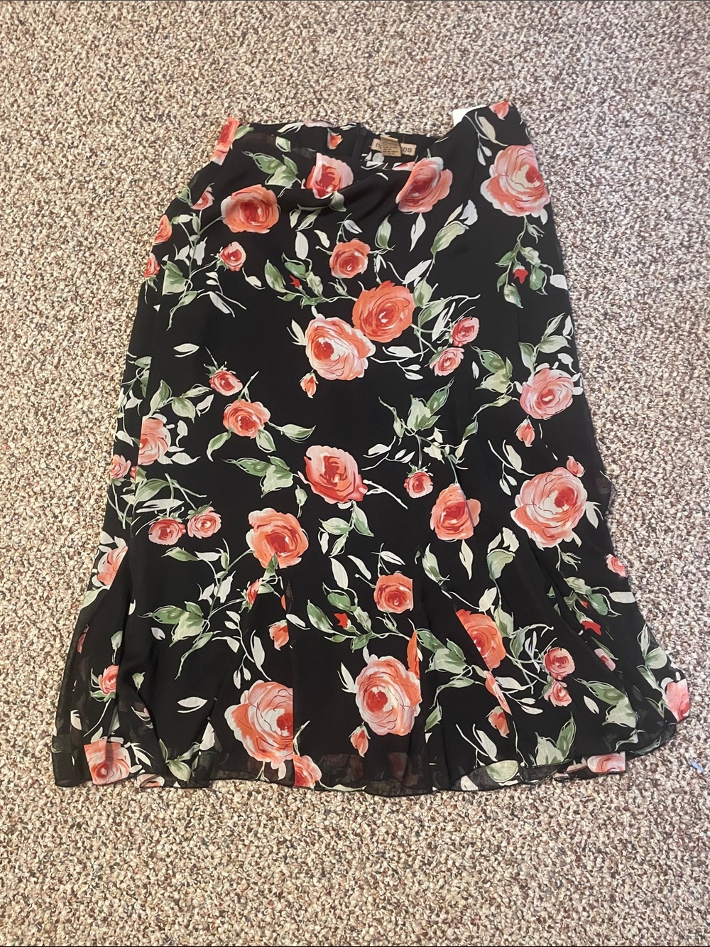 Notations Black A-Line Skirt with Coral Pink Rose Print